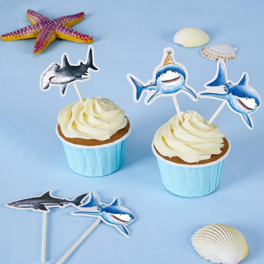 WERNNSAI 36 PCS Shark Cupcake Toppers - Shark Cake Toppers Ocean Birthday Party Decorations Summer Cake Toppers Under The Sea Cake Decors for Kids Ocean Baby Shower Party Supplies