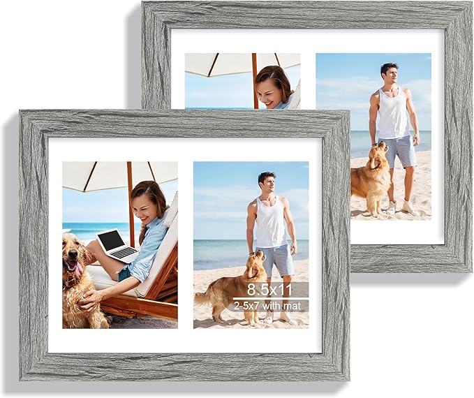 8.5x11 Picture Frame Set of 2, Gray Certificate Document Frames with Glass Collage Frame, Display Pictures Two 5x7 With Mat or 8.5 x 11 Without Mat - Horizontal or Vertical Wall Mounting