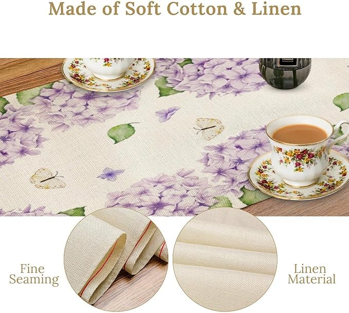 Watercolor Hydrangea Flower Table Runner, Spring Summer Seasonal Plants Butterfly Pink Lavender Dinner Runner for Home Kitchen Dining Table Party Holiday Decoration 13"x60"