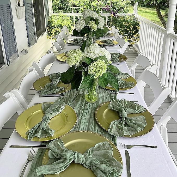 12 Pack Sage Green Table Runner Cheesecloth 35x120 Inch, 10Ft Boho Sheer Gauze Table Runner Cheese Cloth Runner for Wedding Baby Shower Fall Thanksgiving Home Decorations