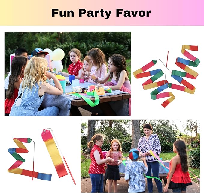 Dance Wands Ribbon Pack, Party Favors for Girls Goodie Bags, Outdoor Kids Rainbow Birthday Party Games, Gymnastics Gift Bags Steamers (multicolored ribbon with Red grip,10pcs set)