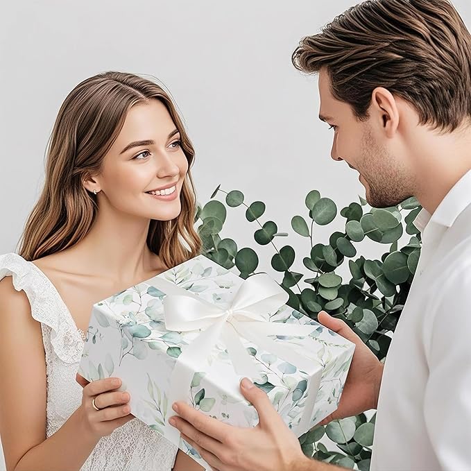 WRAPAHOLIC Eucalyptus Leaves Wrapping Paper Roll - Mini Roll - 17 Inch x 9.8 Feet - Eucalyptus Greenery Wrapping Paper Perfect for Birthday, Wedding, Bridal Shower