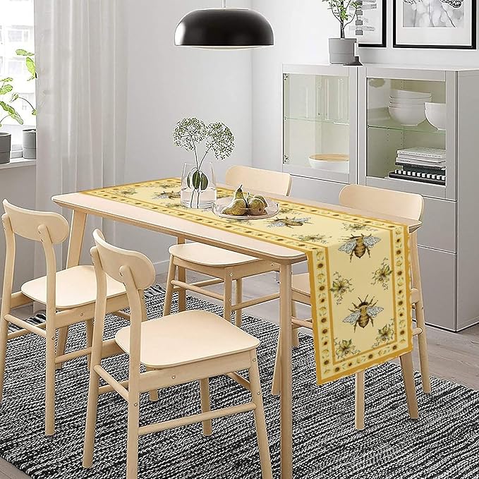 Honey Bee Table Runner, Farmhouse Yellow Sunflower Retro Summer Linen Tables Runners for Kitchen Dining Table Home Party Decor, 13x120inch