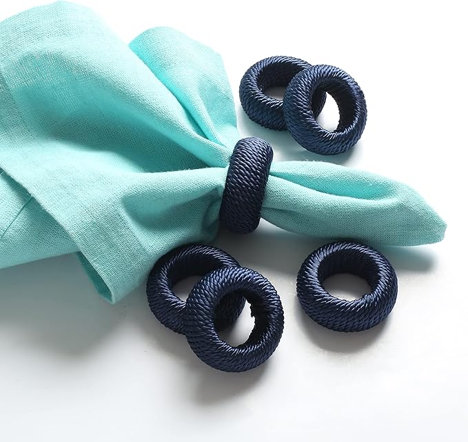 Rustic Napkin Rings Set of 12 - Rayon Napkin Holders for Table Decor, Weddings, Dinner Parties & Everyday Dining - Farmhouse Boho Napkin Rings (Blue) - CLEENTABLE
