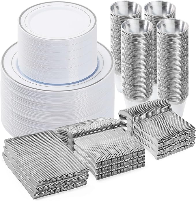 BESTVIP 600PCS Silver Dinnerware Set for 100 Guests, Plastic Plates for Party, 100 Silver Disposable Plates, 100 Dessert Plates, 100 Cups, 100 Spoons, 100 Forks and 100 Knives