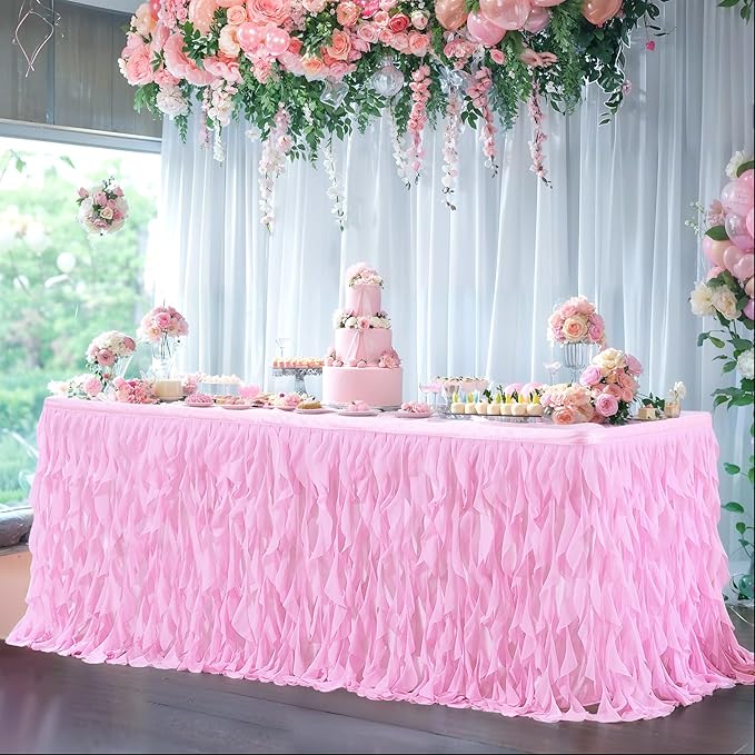 PARTISKY Pink Tulle Curly Willow Table Skirt for Rectangle Table 17ft, Ruffle Tutu Table Cloth for Girls Baby Shower,Birthday Party Candy Cake Tables