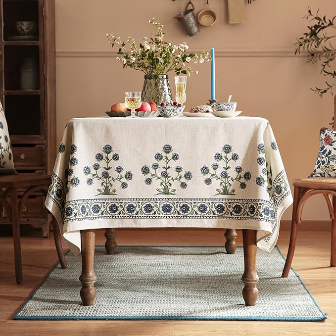 patdrea Designer Linen Vintage Blue Rectangle Tablecloth,Leaves Pattern Durable Floral Table Cloth,French Table Cover Cloth Decor for Kitchen Dining,Christmas,Thanksgiving,Party,55"x79"-Ivar B