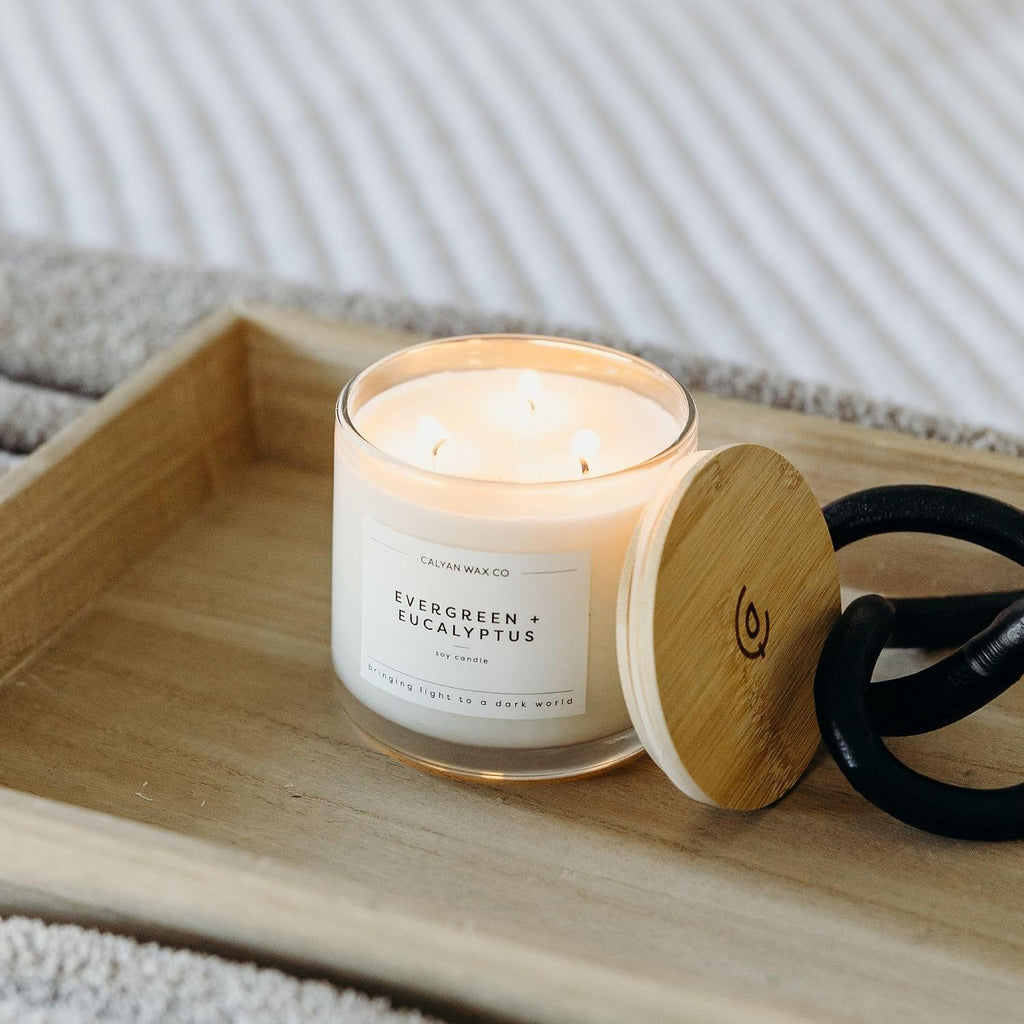Calyan Wax Co. Evergreen & Eucalyptus 3 Wick Scented Candle - 43 Hour Burn - Luxury 3 Wick Soy Candles - Clean Soy Wax Candles - Long Lasting Large Glass Jar Candle for Home - 14.9oz