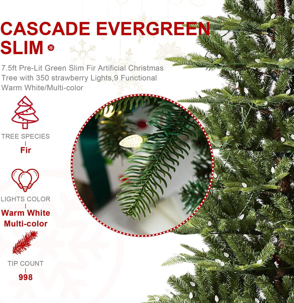 glitzhome 7.5ft prelit artificial christmas tree, cascade evergreen showing dimensions