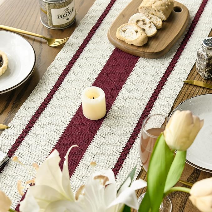 Artoid Mode Red Farmhouse Woven Rustic Table Runner, Seasonal Holiday Hollow Kitchen Dining Table Decoration for Home Party Decor 12x108 Inch