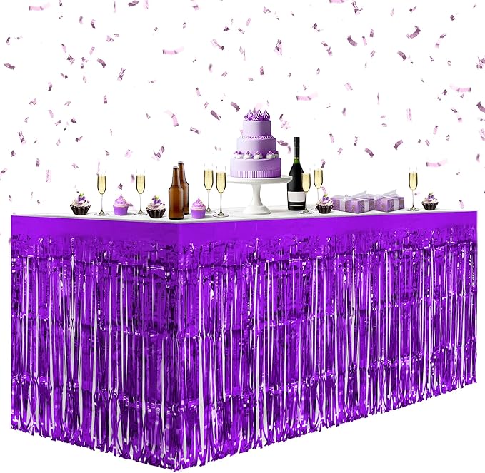 2 Pack Dark Purple Table Skirts, 29x108" Metallic Foil Tinsel Fringe Table Skirts for Rectangle Tables Streamer Curtains Backdrop, Party Decorations for Birthdays Weddings Holidays