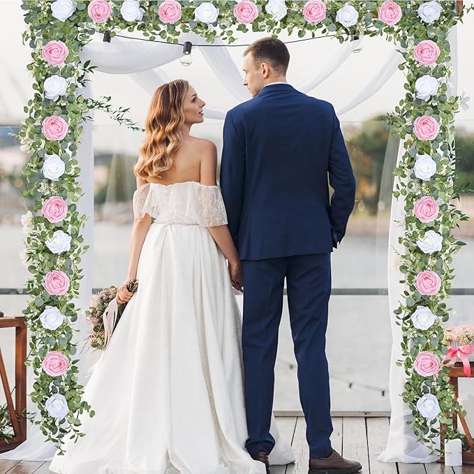 Waipfaru 6.07FT Artificial Eucalyptus Garland with Flowers, Fake Rose Gypsophila Floral Garland, Floral Vines for Wedding Table Backdrop Party Centerpiece Room Decor