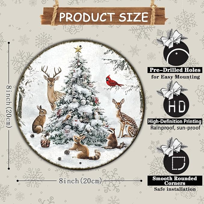 Round Christmas Snow Animals Metal Tin Sign - Vintage Christmas Tree & Winter Sign for Home & Outdoor Decorations - 8 * 8 in