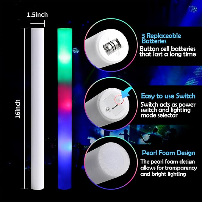 Pack of 100 Custom LED Party Foam Light Sticks Batons for Wedding, Parties, Birthdays, Guests, Party, DJ, Concerts, Festivals, Events, Promotions 3 Color Lighting Modes Batteries 16"
