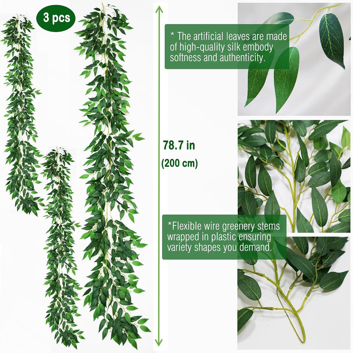3 Strands Artificial Italian Ruscus Vines 78" Silk Italian Ruscus Greene...