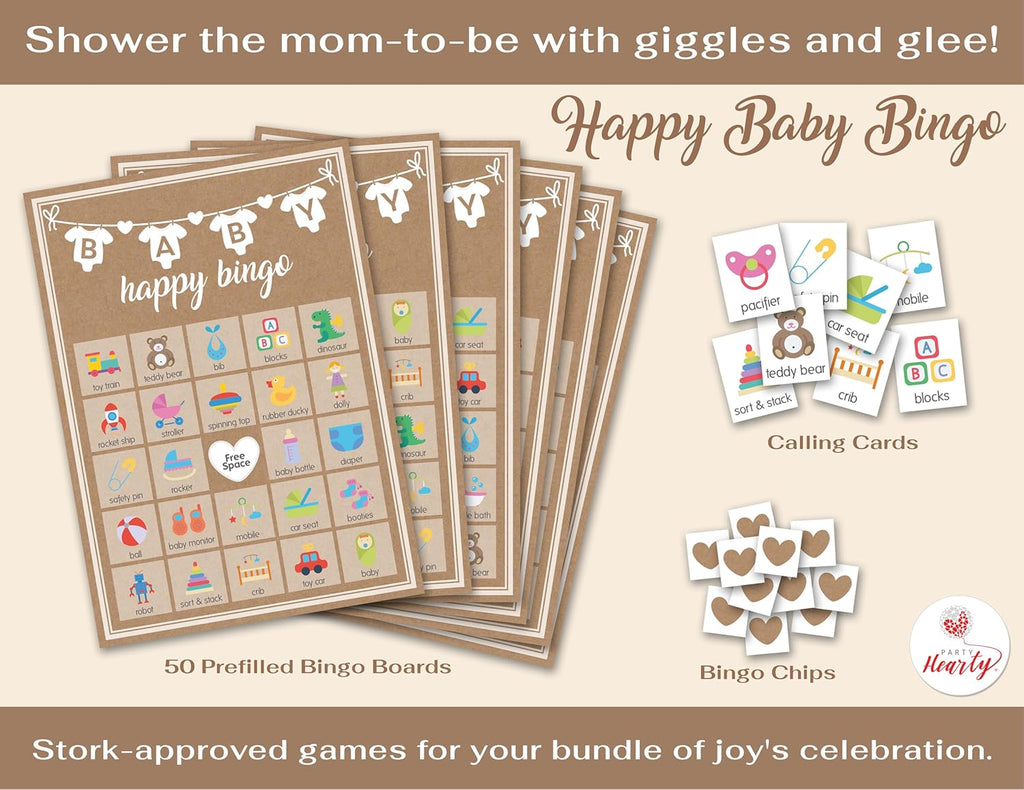 Party Hearty Baby Shower 5 Game Pack, Premium Thick Cardstock - Kraft | 5 Classic Baby Shower Games, 250-Piece Party Pack, Perfect for Baby Showers, Simple & Fun