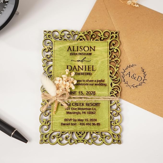 Personalized Wedding Invitations, Laser Cut Wedding Invitation, Flower Wooden Invitations with Envelopes & Stickers, Easy Personalization, 5 Different Color Options