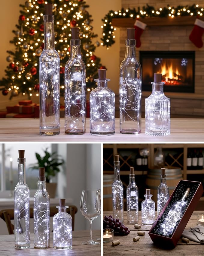 Hortsun 60 Pack Wine Bottle Lights with Cork Fairy Mini String Lights Battery Operated Mini Waterproof 7 ft Silver Wire 20 Led Cork Shape for Christmas, DIY, Party, Decor, Wedding, Bar(Cool White)