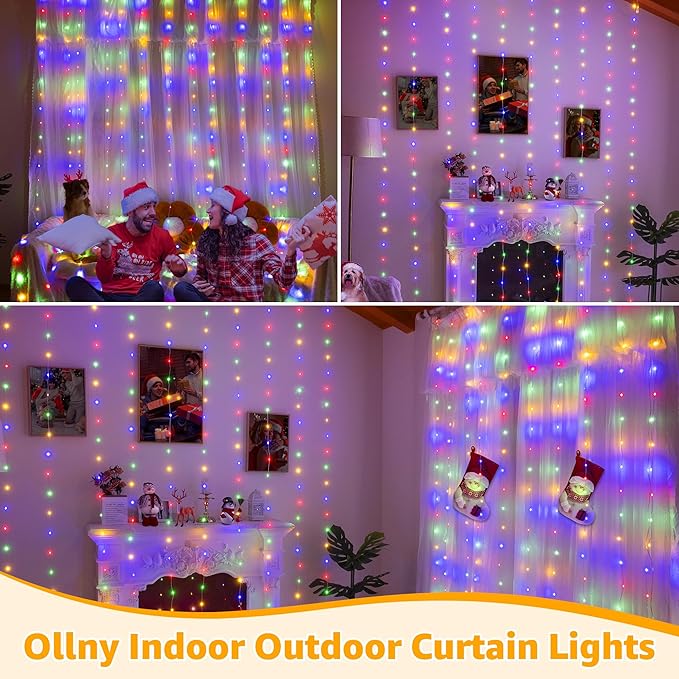 Ollny Curtain Lights 300 LED 9.8FT x 9.8FT, Connectable IP67 Waterproof Outdoor Christmas Curtain Lights with Remote, Plug-in Untangle Fairy Lights with 8 Modes&Timers for House Decor(Multicolored)