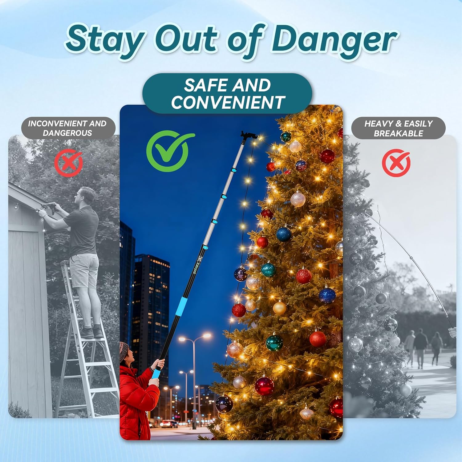4.3–18 FT 5-Stage Telescopic Christmas Light Pole with Hook | Lightweight & Sturdy Extension Pole for Hanging String Lights, Holiday Lights, Birdfeeders | Ladderless High Reach Installation Tool