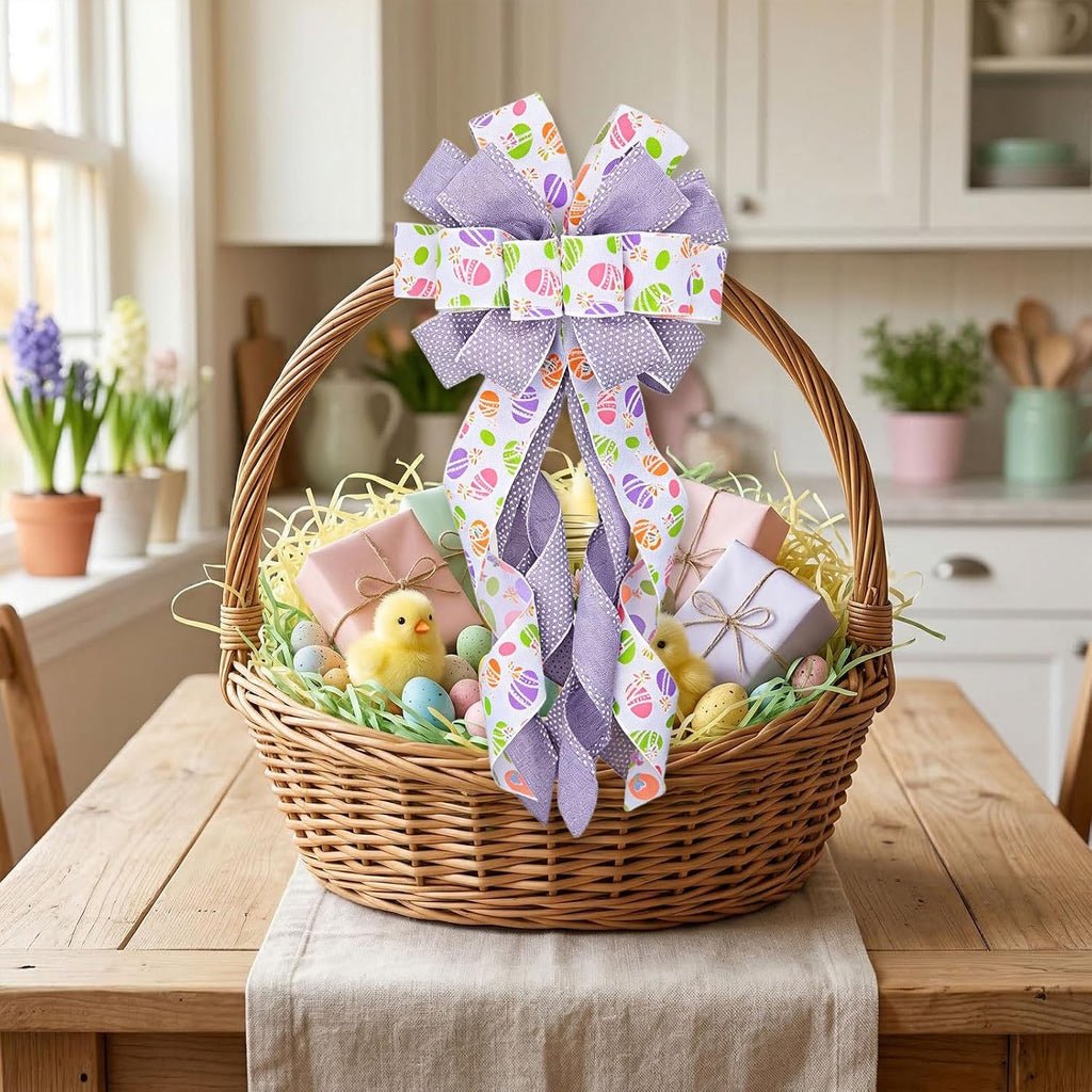 Estivaux Large Easter Wreath Bows for Front Door, Purple White Burlap Bow Spring Floral Eggs Tree Topper Bows for Wreath Wall Window Easter Decorations