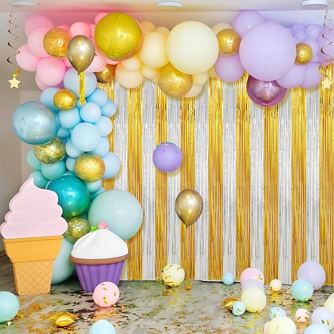 Crosize 2 Pack Foil Fringe Curtains Party Decorations, Gold Tinsel Curtain Backdrop for Parties, Door Streamers, Glitter Streamer Fringe Backdrop for Birthday Decoration (Gold and Silver, 2 Pack)