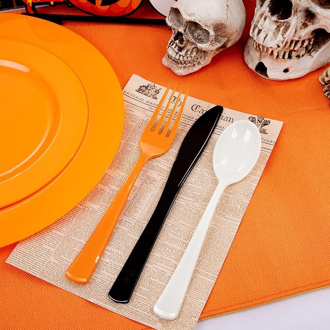 NOCCUR 180PCS Halloween Plastic Silverware Set - Tricolor Flatware Disposable Supplies Include 60 Black Knives, 60 Orange Forks, 60 White Spoons - Ideal for Halloween Party