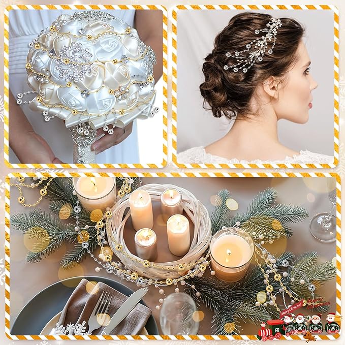 JULBEAR Beads Garland Decoration, 1Rolls 131Feet Silver Christmas Pearl Strands Chain Bead Garland for Christmas Tree Fireplace Wreath Gift Bouquet Crafts Wrapping Party Centerpieces Decoration