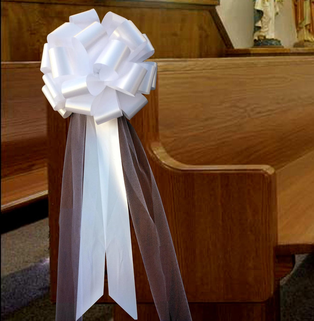 Large White Wedding Pull Bows with Long Tulle Tails - 9" Wide, Set of 6, 4th of July, America 250 Anniversary, Wedding Pew Bows, Mother's Day, Aisle Decor, Reception, Wreath, Anniversary, Graduation
