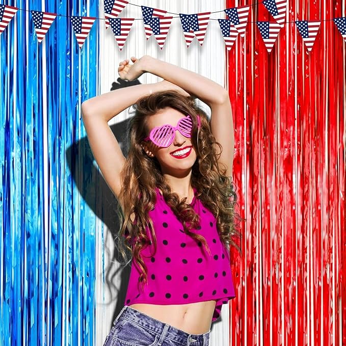 2 Pack Red White and Blue Tinsel Foil Fringe Curtains, 4th of July Decorations, Metallic Tinsel Party Streamers Backdrop for Patriotic, Memorial Day, Independence Day Party Decorations