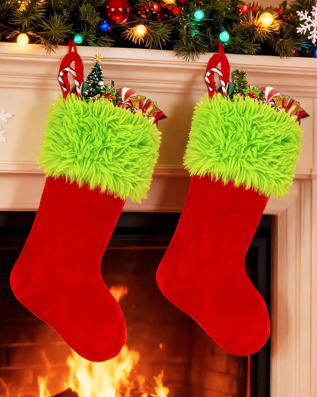 2PCS Christmas Stockings with Names Tag, 20 Inch Green Faux Fur Velvet Personalized Xmas Stockings, Hanging Ornament Large Gift Bags for Fireplace Window Door Tree Christmas Decorations(Red)