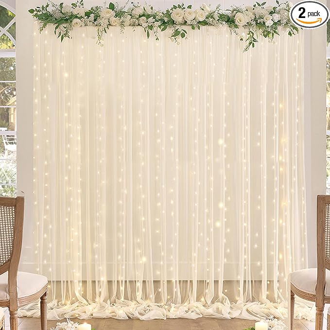Champagne Backdrop Curtains with Lights String for Wedding Parties 10×10ft Sheer Tulle Backdrop Curtain for Bridal Shower Baby Shower Birthday Party Photo Shoot Decorations 2 Panels 5×10ft