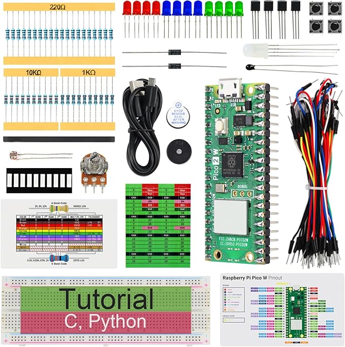 Freenove Basic Starter Kit for Raspberry Pi Pico 2 W (Included), Dual Arm Cortex-M33 and Dual Hazard3 RISC-V Microcontroller, 386-Page Detailed Tutorial, 142 Items, 55 Projects, Python C Code
