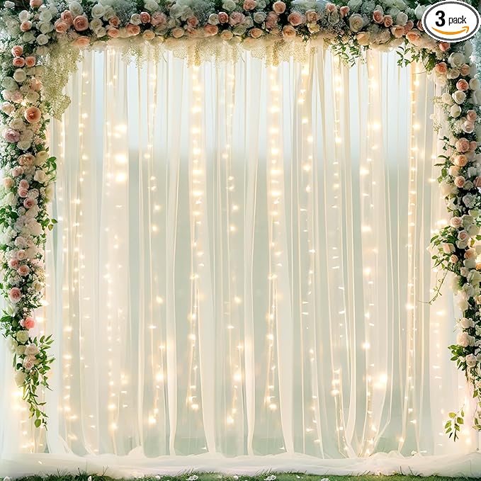 10ft x 10ft Ivory Tulle Photo Backdrop Curtain with Lights String for Parties Wedding Sheer Ivory Curtain Backdrop for Birthday Party Bridal Shower Photo Booth Photography Background Decorations