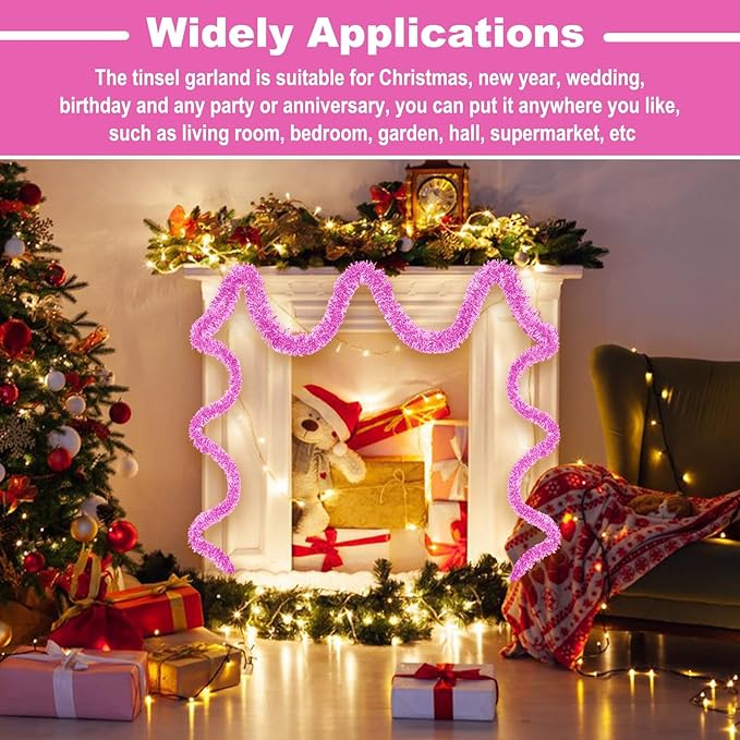 25 Feet Metallic Twist Tinsel Garland - Wall Hanging Backdrop for Parade Floats, Christmas Eve, New Year, Valentine's Day Parties (Macaron Pink, 4in x 25ft)