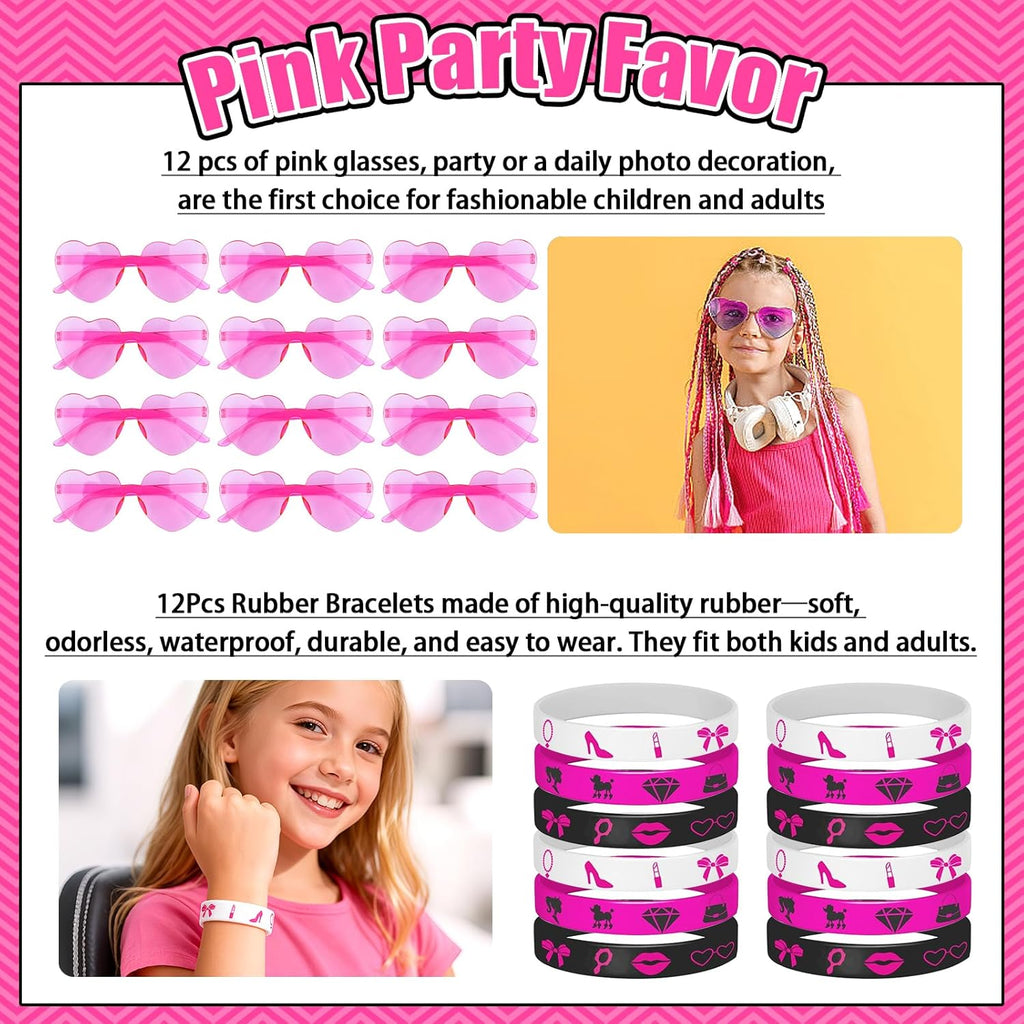 184Pcs Pink Girls Party Favors Pack - For 12Guests, Includ Goodie Box Heart Glasses Straws Bubble Wands Tattoo Sticker Bracelet Keychain, for Kids Girls Birthday Party Decoration Supplies