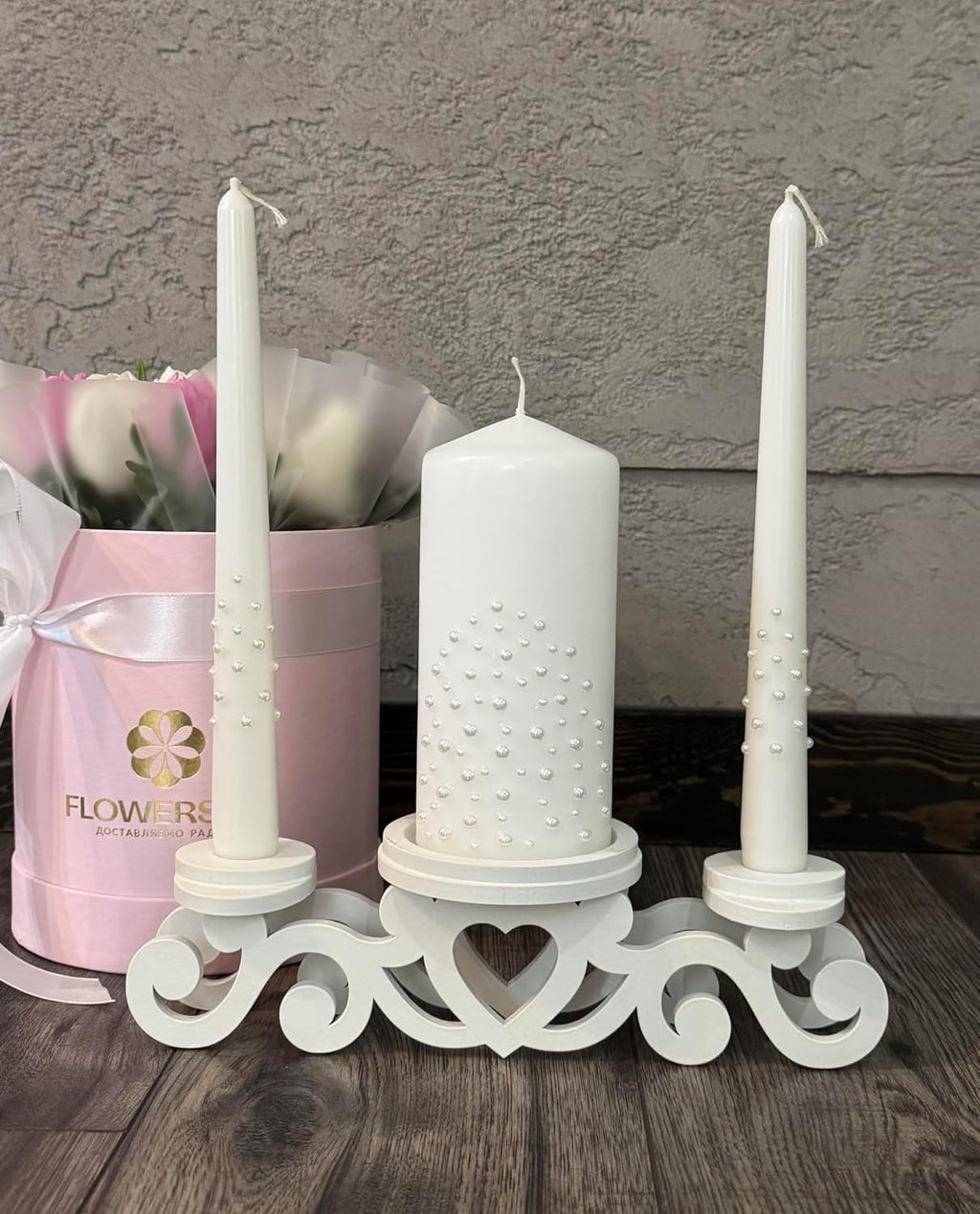 Unity Candle Set - Wedding Ceremony & Reception – 6” Pillar & Two 10” Taper Candles – Long Burning Unity Candles for Marriage Ritual – Handmade in USA – White| Pearls