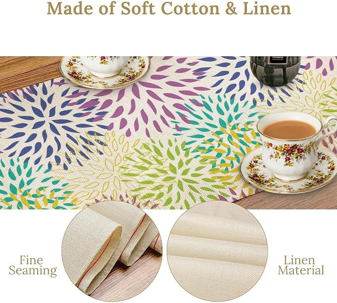 Purple Flowers Table Runner, Chrysanthemum Dahlia Vintage Modern Colorful Spring Summer Elegant Table Runner for Party Kitchen Dining Living Room Laundry Room Decor, 13x108 Inch