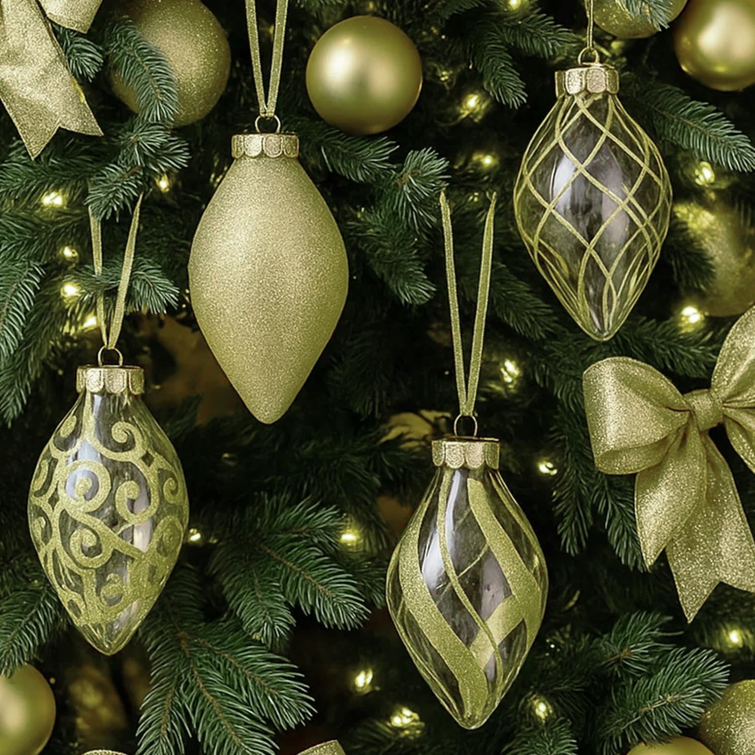 Gold Christmas Ornaments Set for Tree Decorations, Teardrop Finial | Large Gold Teardrop Pendant Tree Ornaments, Shatterproof Xmas Drop Decorations, Assorted Styles, 4in, 12-Piece Set