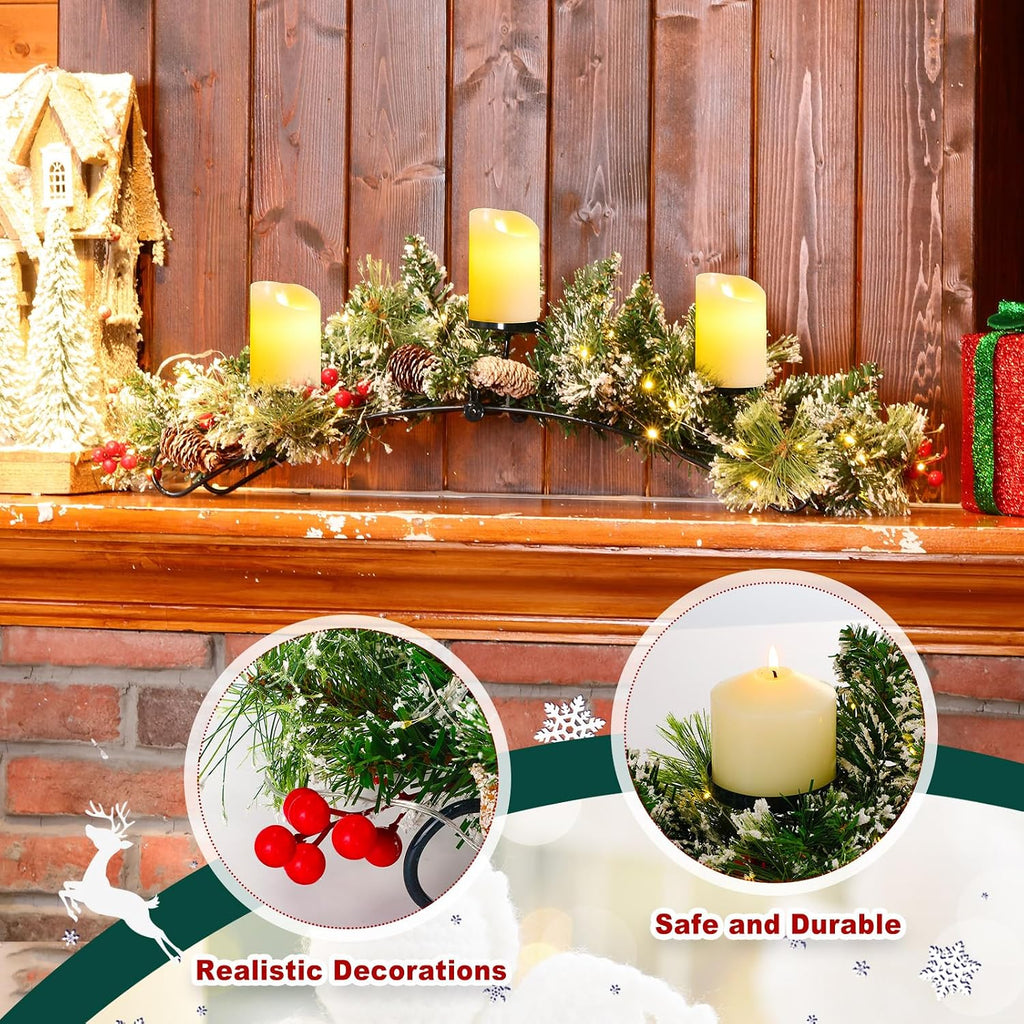 4 Pcs Christmas Table Centerpiece Decoration with 3 Christmas Candle Holders LED Fairy Lights String Lights Battery Operated Artificial Red Berries Pine Cones for Kitchen Indoor Home (Bright Style)
