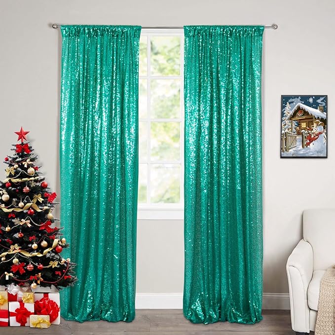 ShinyBeauty Sequin Curtain 2 Panel Set Christmas Green Glitter Background 2FTx8FT Green Sequin Backdrop Curtains Pack of 2 (Grass)