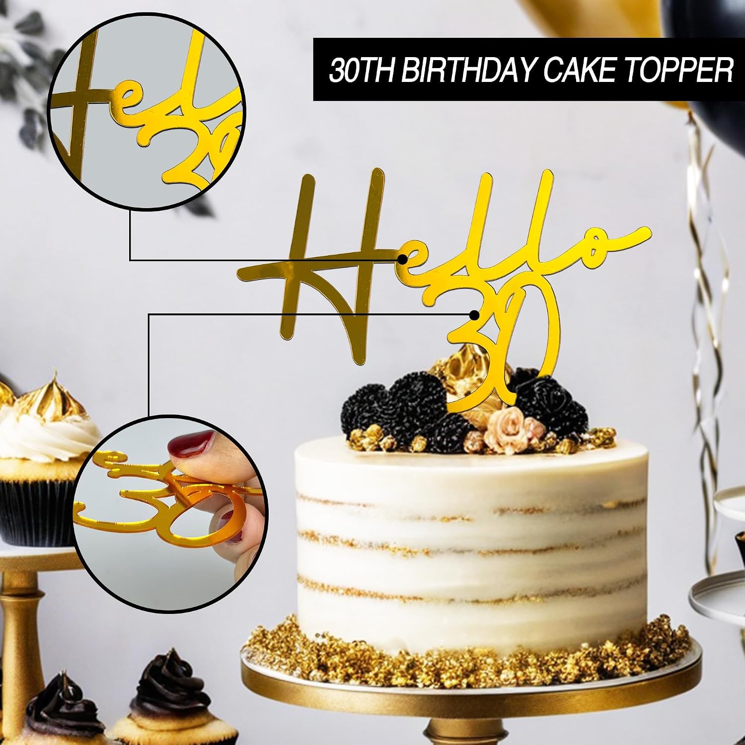 24 PCS 30th Birthday Cake Topper 8 Styles in Gold Black Silver Acrylic Thirty Cake Topper for Birthday Party Decorations