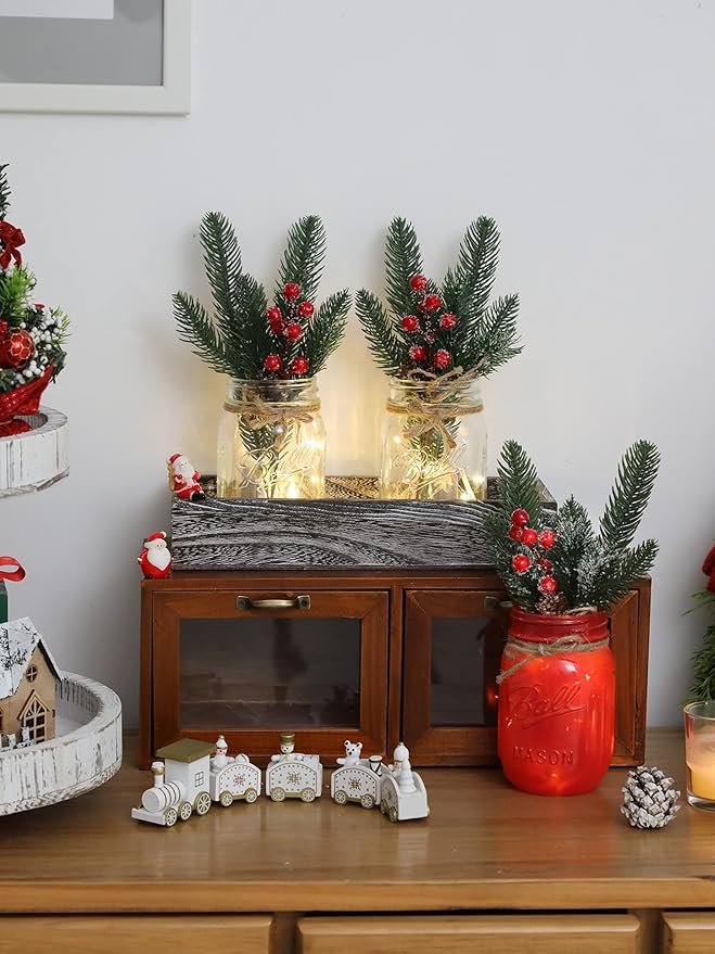 Christmas Mason Jars, Christmas Centerpiece Table Settings, Wood Tray with 3 Painted Jars, Dining Coffee Table Centerpiece, For Kitchen, Living Room, Red Mason Jar Decor with Flowers