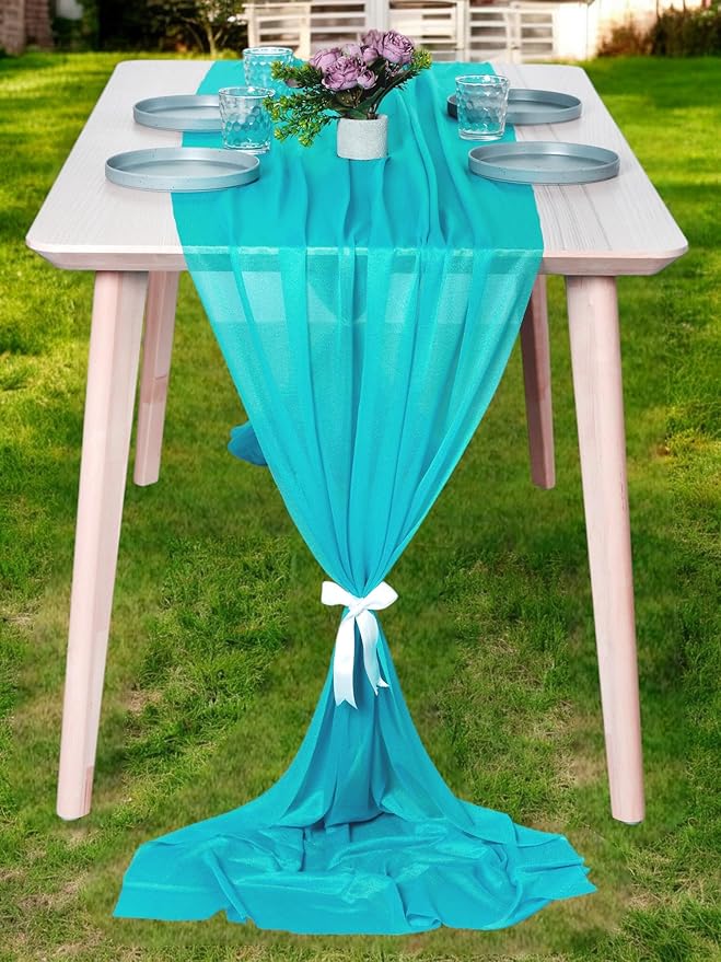 MDS Halloween Chiffon Table Runner - 25 Pack, 29 x 170 Inches, 14ft Each - Sheer Spooky Table Runners for Haunted House Parties, Trick-or-Treat Tables, Witchy Décor, Wedding & Events - Peacock Blue