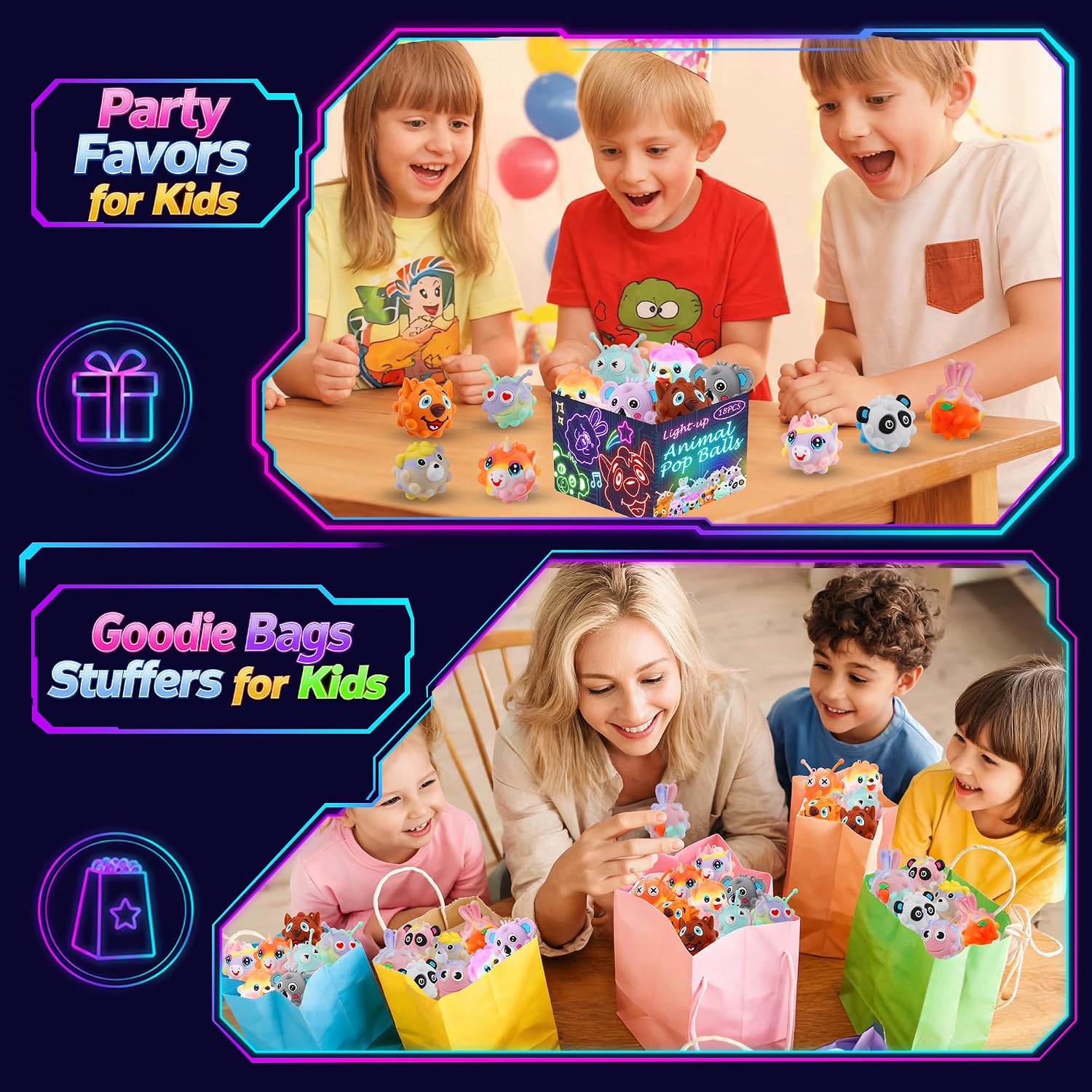 Party Favors for Kids, 18 Pack Light Up Animal Pop Fidget Toys, Birthday Party Gifts, Goodie Bag Stuffers, Pinata Stuffers, Classroom Rewards & Treasure Box Prizes