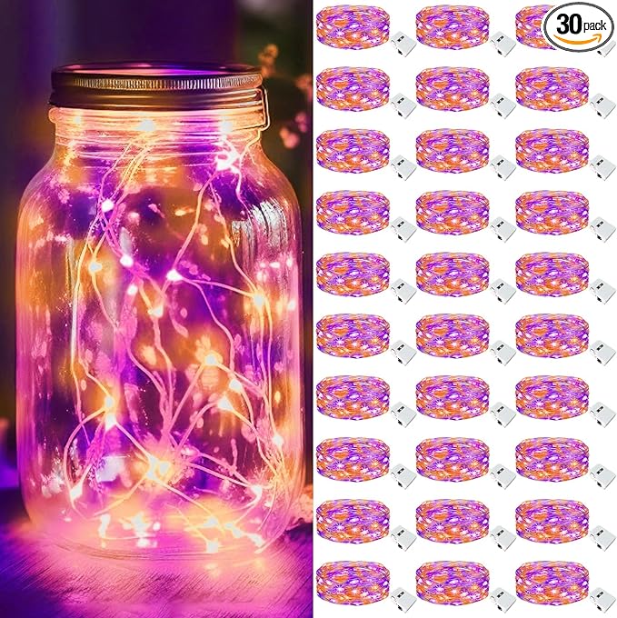 kolpop 30 Pack LED Fairy Lights Battery Operated, 7FT 20 LED Mini Twinkle String Lights Battery Powered Waterproof for Christmas Mason Jars Party (Orange&Purple)