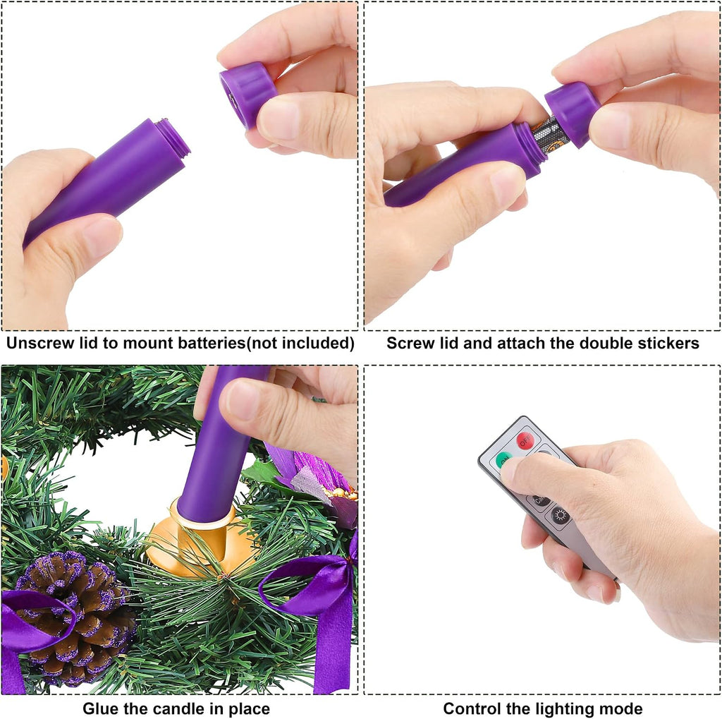 Fovths 12 Inch Christmas Advent Wreath Advent Candle Holder with 4 Flameless Taper Candles Remote Control Christmas Centerpiece Decorations for Christmas Home Church, Purple