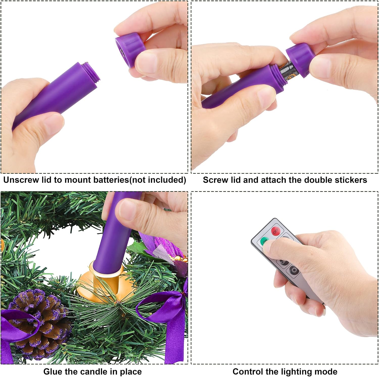 Fovths 12 Inch Christmas Advent Wreath Advent Candle Holder with 4 Flameless Taper Candles Remote Control Christmas Centerpiece Decorations for Christmas Home Church, Purple