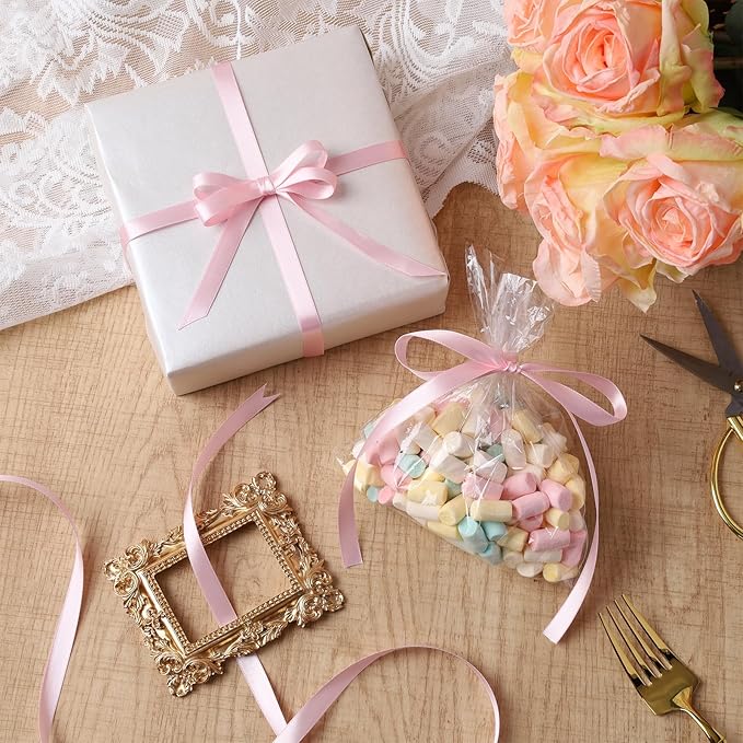 LaRibbons Light Pink Satin Ribbon 3/8 Inch 25 Yards Luxury Double Faced Pink Silk Ribbon for Gift Wrapping Flower Bouquet Crafts Wedding Party Babyshower Decoration