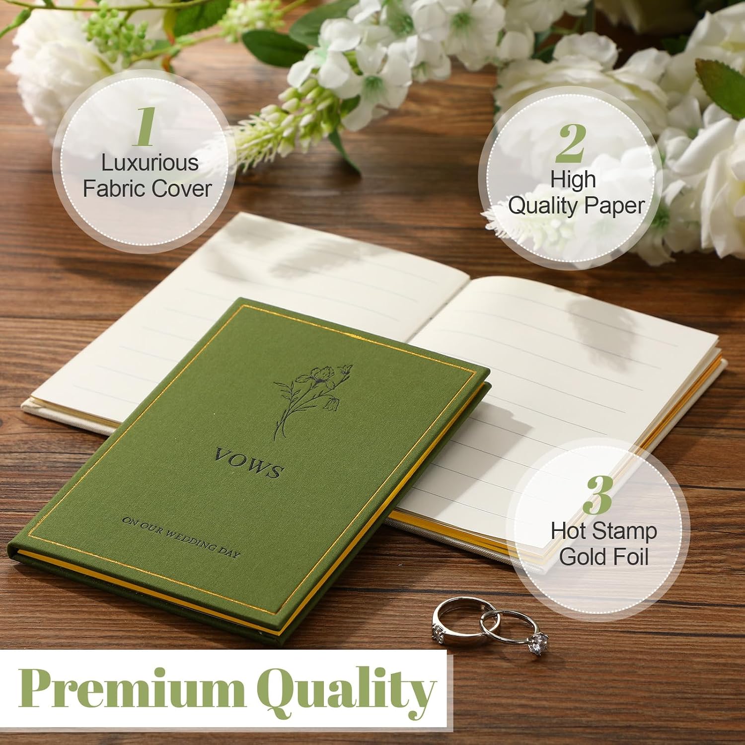 Engrowtic Set of 2 Wedding Vow Books His and Hers Vows on Our Wedding Day Notebooks with Gold Foil Fabric Cover 5.8"x 4.1" Bride and Groom Gift for Newly Engaged Couple, 60 Lined Pages(Green, Beige)